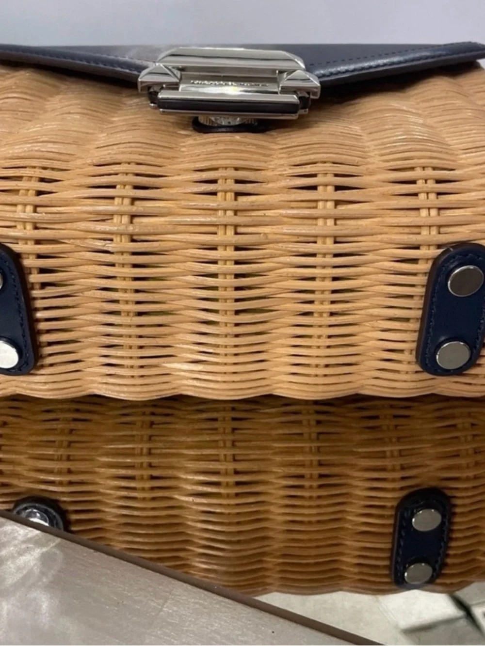 Michael Kors Navy Leather and Wicker Crossbody with Silver Chain